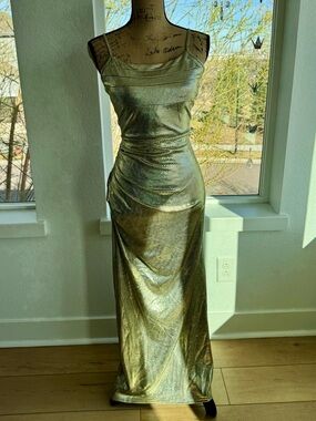 Metallic Gold Slip Maxi Dress - Women's Evening Gown
